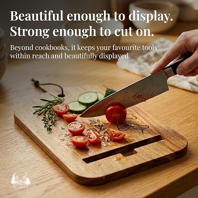 Wooden Cookbook Stand for Kitchen Counter - Reversible Recipe Book Holder with Cooking Measurement Conversion Card - Gift-Ready Adjustable Tablet Cookbook Holder Stand - 11"x8.2"