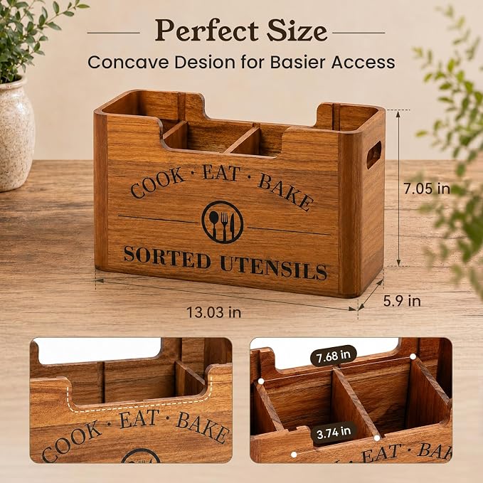 Upgraded Acacia Wood Kitchen Utensil Holder, Large Farmhouse Countertop 4-Compartment Wooden Cooking Utensil Holder for Counter, Island & Dining Room