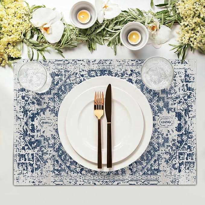 Navy Blue Gray Boho Placemats Set of 6 Ethnic Bohemian Carpet Place Mats Washable Kitchen Dining Vintage Grey Geography Floral Linen Table Mats Stain Heat-Resistant for Home Party Indoor 12x18 in