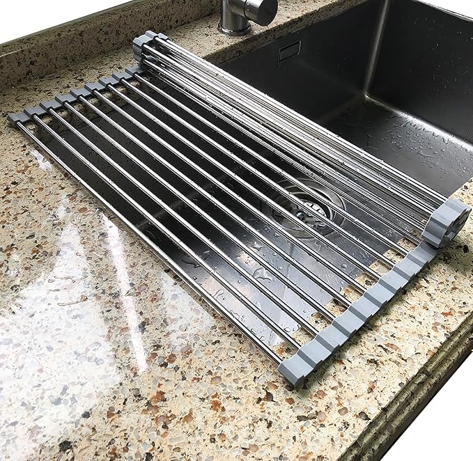 Tomorotec Roll Up Dish Drying Rack Over the Sink Grey Large Dish Drying Rack Rolling Foldable Collapsible SUS304 Stainless Steel Multipurpose Dish Drainer for Kitchen Counter (21”x11.8”)