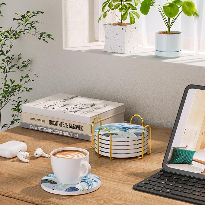 6Pcs/Set Marble Abstract Ceramic Coasters with Holder, Absorbent Drink Coasters, Coffee Cup Coaster,Round Ceramic Table Coasters Set Decorative