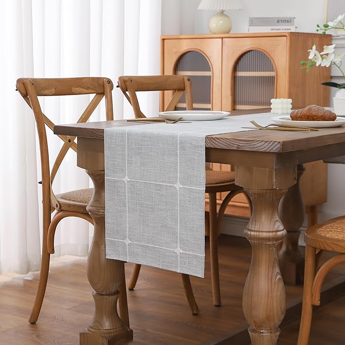 Gernaice Boho Table Runner, Modern Plaid Cotton Linen Farmhouse Table Runners for Holiday Wedding Dining Living Room Bedroom Home Decor, 90" L X 13" W Grey