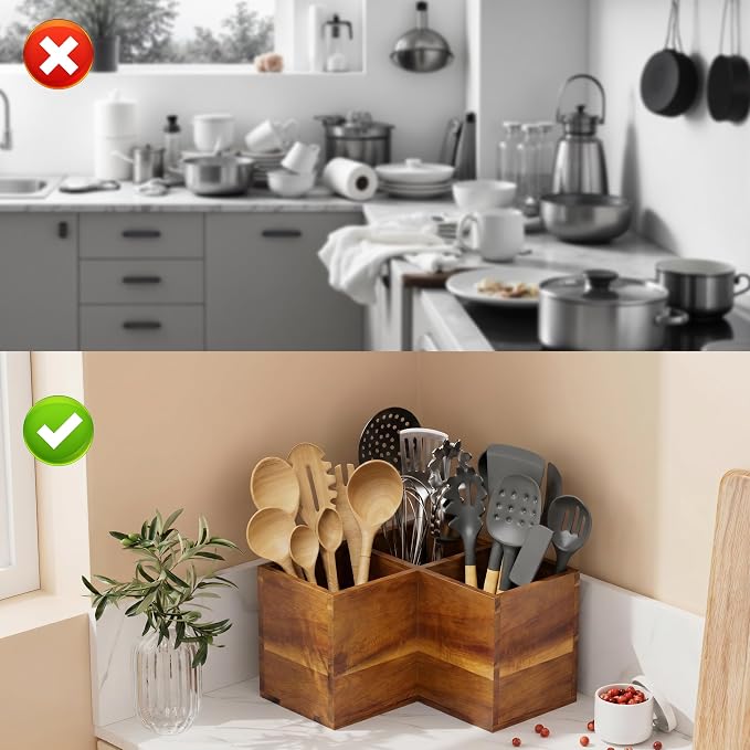 ZUJJAFY Utensil Holder, Corner Utensil Holder for Kitchen Counter, Acacia Wood Kitchen Utensil Holder for Countertop with 3 Compartments, Wooden Cooking Utensil Organizer for Spatula Storage