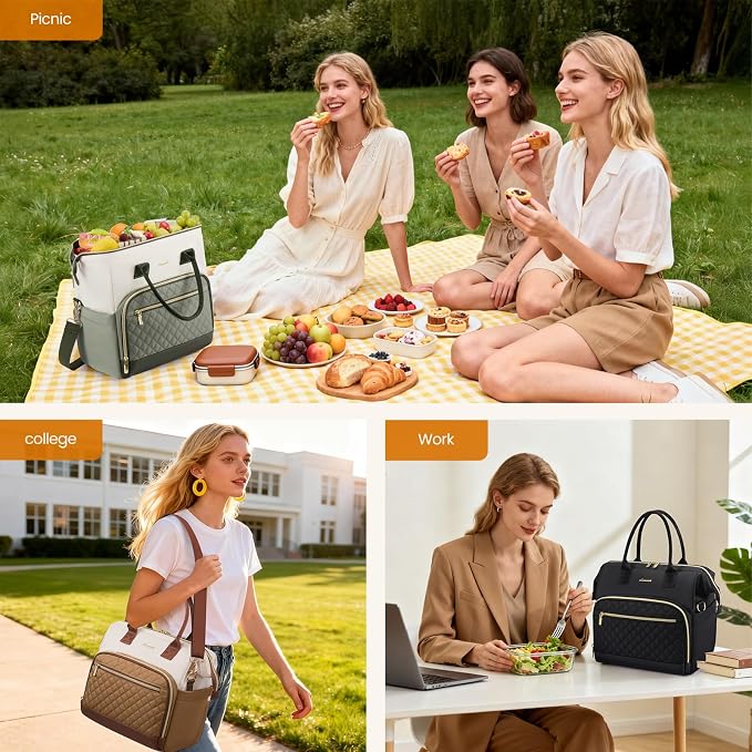 LOVEVOOK Lunch Bag Women, Insulated Adult Lunch Box for Women Work, Wide Opening Leakproof Cooler Tote Bag for Office Campus Picnic Beach with Shoulder Strap, Loncheras Para Mujer with Cup Holder