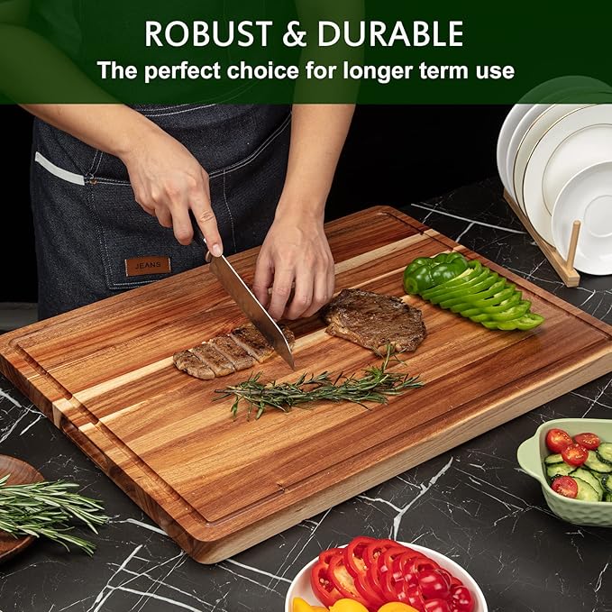 GarveeHome 1.5" Thick Acacia Wood Cutting Board, 20" x 15" Chopping Board for Kitchen, with Juice Groove and Handle, Reversible