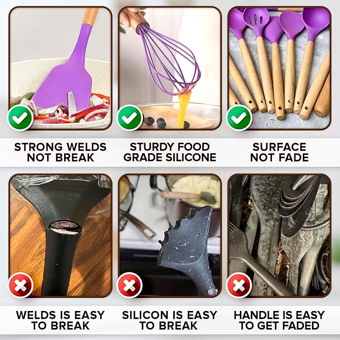 12 Pcs Purple Kitchen Utensils Set with Holder – Versatile Silicone Utensils Set for Cooking and Baking, Gentle on Pots and Pans, Heat-Resistant, Stylish, Easy to Clean, Purple Kitchen Accessories