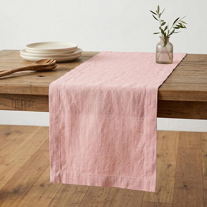 Solino Home Linen Table Runner 120 Inches Long - 100% Pure Linen Misty Pink Table Runner 14 x 120 Inch for Spring, Summer - Diana Medium Weight