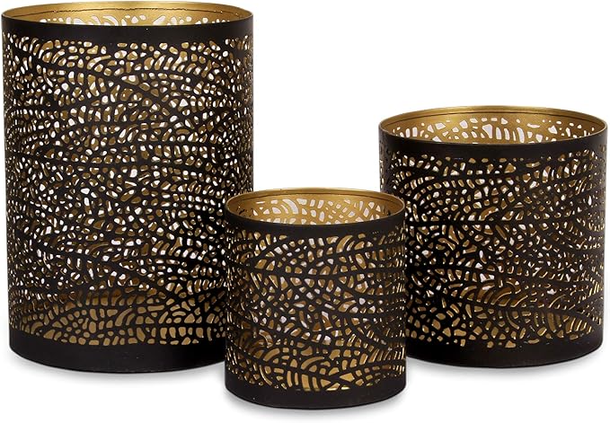 Lazy Gifts Set of 3 Black and Gold Metal Candle Holders – Decorative Tabletop Candle Holder Set for Pillar, Votive & Tealight Candles, Modern Home Décor Accent