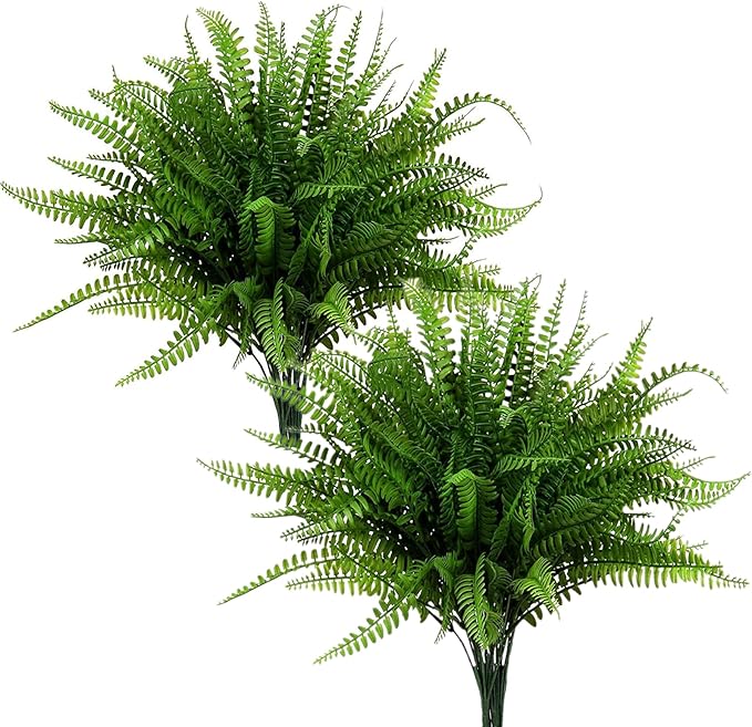Artificial Boston Ferns Plants, Fake Plastic Fern Grass Faux Shrubs Plastic Leaves Simulation Greenery Bushes for Home Decor Indoor Outdoor Garden Wedding Decoration Yard Vase Planter Filler – 8 Pack