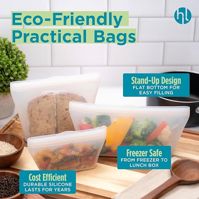 Home Logic Reusable Sandwich Bags - Set of 6 Clear Silicone Freezer Bags, Airtight Leak Resistant Reusable Zip Bags for Kitchen Home Food Prep, Microwave & Sous Vide Safe