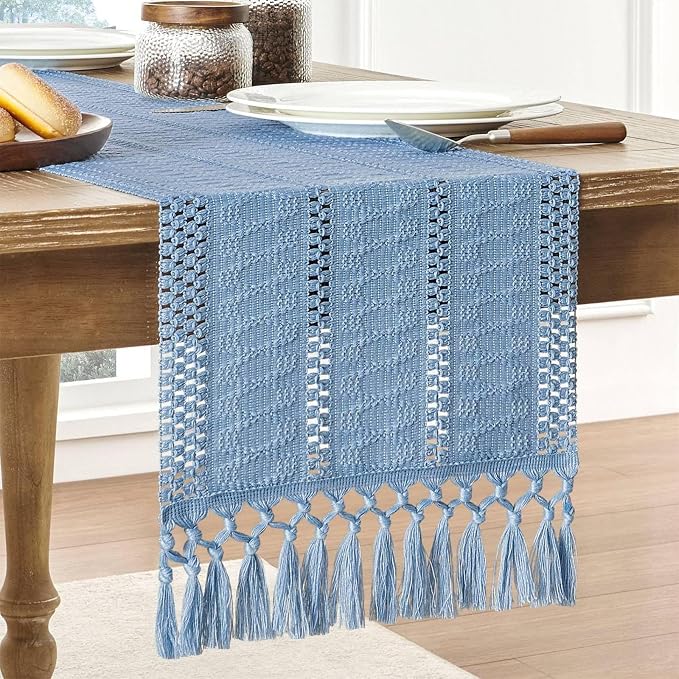 Niviy Boho Table Runner for Blue Tassel Home Decor 108 Inches Long, Modern Farmhouse Decor Rustic Macrame Cotton Linen Woven Coffee Table Runners for Dining Table Decoration, Blue