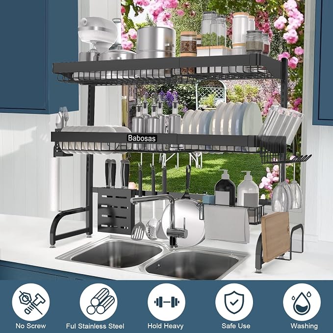 Over The Sink Dish Drying Rack,3 Tier Adjustable Length (25.5'' to 37.4'') Full Stainless Steel Large Storage Kitchen Dish Rack,for Kitchen Counter,Expandable Multifunctional Organizers,Black