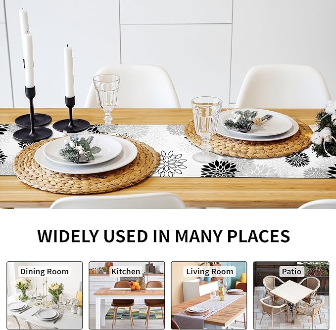 Dahlia Flower Table Runner 13x36 Inch Farmhouse Black Gray Runners Modern Table Decorations Rustic Geometric Coffee Table Runner for Home Kitchen Dining Room Party (13"x36", Dahlia Floral-Black)