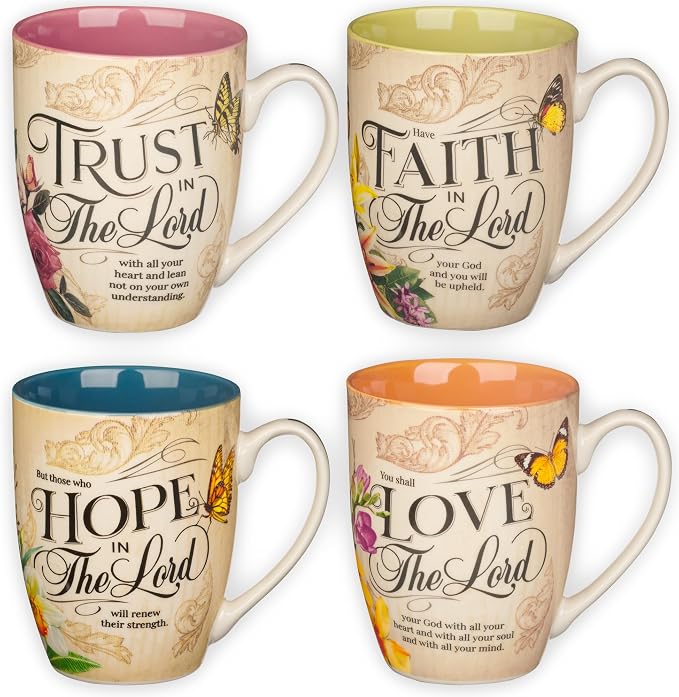 Christian Art Gifts Novelty Floral Ceramic Scripture Coffee & Tea Mug Set: Hope, Trust, Faith, Love - 4 Fancy Medium 12 oz. Cups w/Butterflies & Bible Verses, Multicolor Blue/Pink/Green/Orange Floral