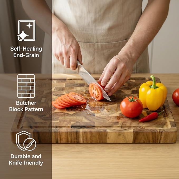 Koppen Acacia Wood End Grain Cutting Board, Knife-Friendly Butcher Block with Juice Groove, Inner Handles, Food Well, Reversible Heavy-Duty Serving & Chopping Board, Gift Box Included, 17 x 13 x 1.5in