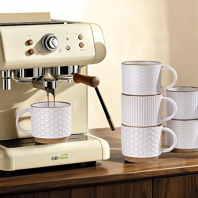 GBhome 12OZ Stackable Coffee Mugs Set of 6, Ceramic Coffee Mugs with Texture Patterns for Man,Woman,Dad,Mom, Modern Coffee Cups for Latte/Cappuccino/Cocoa. Dishwasher&Microwave Safe, Off White