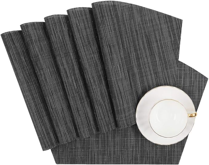 SHACOS Round Table Placemats Set of 7 Wedge Shaped Place Mat with Centerpiece Round Mat Heat Resistant Table Mats Washable (7, Black Gray)