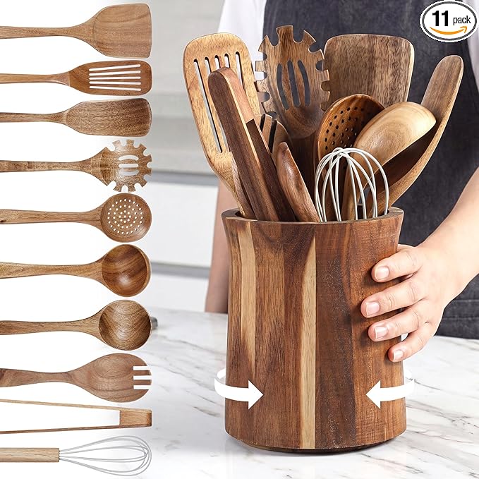 SiliFine 11 Pcs Wooden Kitchen Utensils Set with 360° Trumpet Rotating Holder Acacia Wood Cooking Utensils with Holder Cooking Spoons Spatulas for Nonstick Cookware Countertop Kitchen (Natural)
