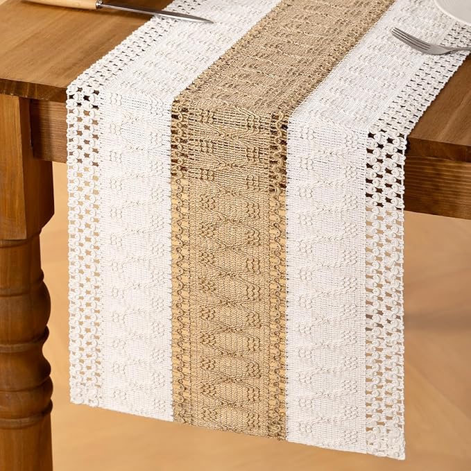 MLMC Ivory & Burlap Boho Table Runner Farmhouse Cotton Burlap Woven Table Runner 90 inch Long Rustic Seasonal Table Decor for Dinning Kitchen Wedding Bridal Shower Eveyrday Use 12x90 Inch
