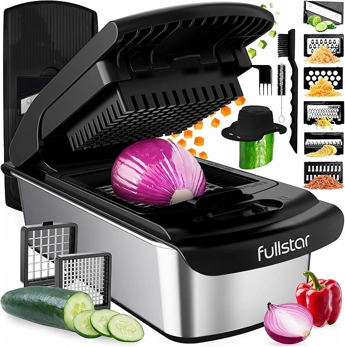 Fullstar All in One Vegetable Chopper and Mandoline Slicer - Food Chopper with Container and Julienne Slicer, Fruit Slicer, Veggie Cutter, Kitchen Gadgets & Gift for Mom (8 in 1, Stainless Steel)