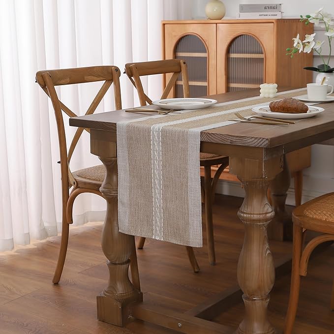 Gernaice Boho Table Runner, Rustic Cotton Linen Farmhouse Table Runners for Holiday Wedding Dining Living Room Bedroom Home Decor, 72" L X 13" W Brown