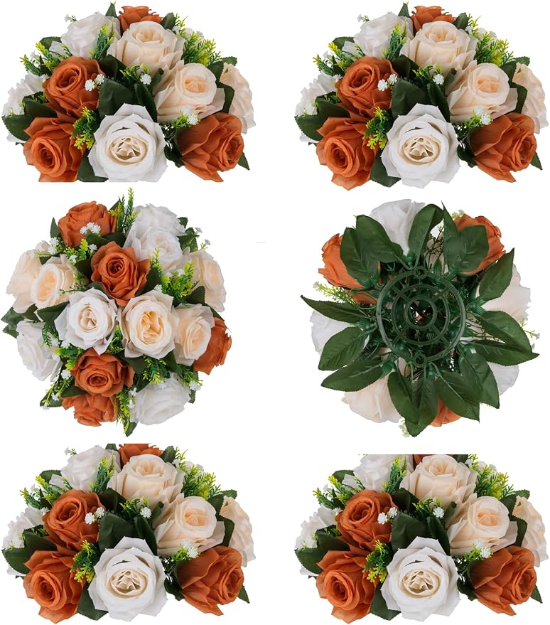 BLOSMON Terracotta Flowers for Wedding Centerpieces: 6 Pcs Fake Rose Kissing Balls Fall Table Decor - Artificial Silk Bouquet with Base Floral Arrangements Home Party Room DIY Decorations