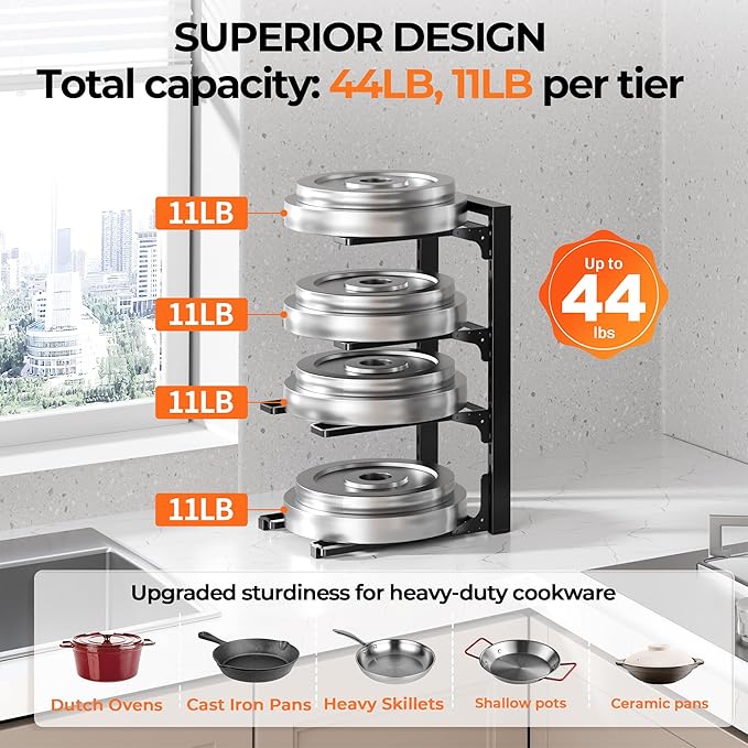 MUDEELA Pots and Pans Organizer under Cabinet 15.75" Tall, 4-Tier Heavy Duty Pan Organizers inside Cabinet Kitchen Storage, Adjustable Pot Rack Holds up to 44 LB Cast Iron Skillets Shallow Cookware