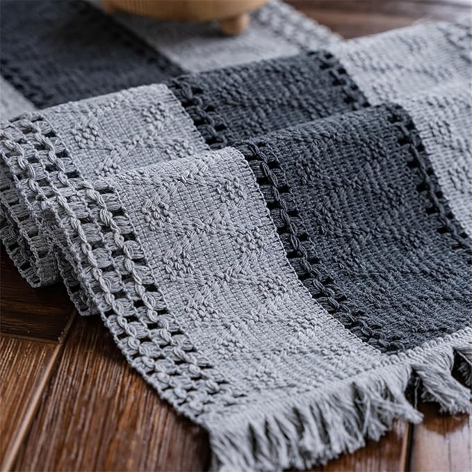 Macrame Table Runner Grey Boho Table Runners with Tassels Hand Woven Cotton Table Runner Rustic Farmhouse Table Runners for Bohemian Kitchen Dining Table(12x95in)