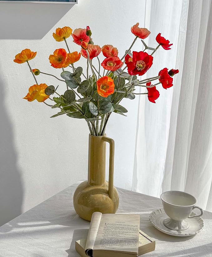 Artificial Flowers of Poppies and Eucalyptus Stems, Red and Orange Flowers Artificial for Vase, Silk Flowers Arrangement for Wedding Party Farmhouse Home Office Table Centerpieces Decoration