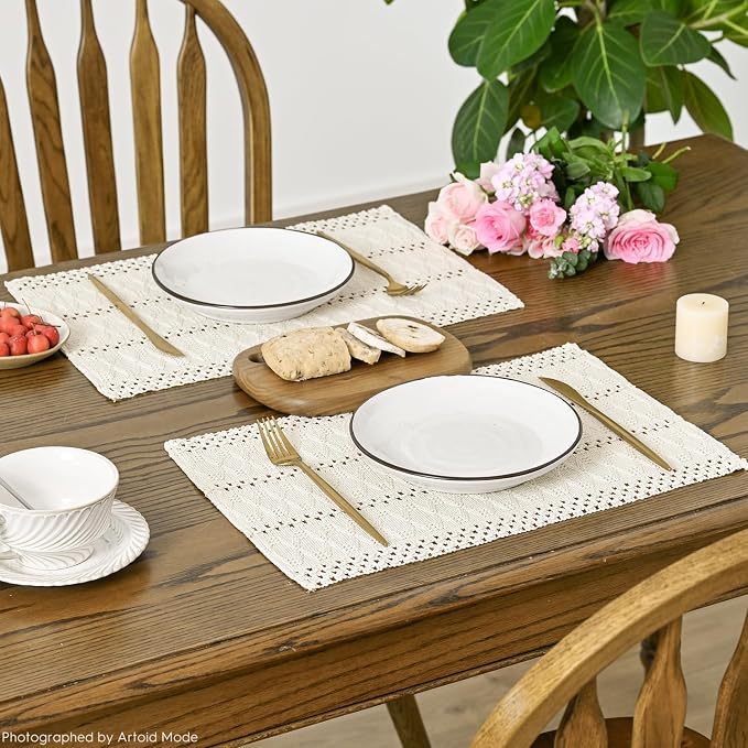 Artoid Mode Beige Farmhouse Woven Rustic Hollow Placemats Set of 4,12x18 Inch Seasonal Holiday Table Mats Party Kitchen Dining Decoration