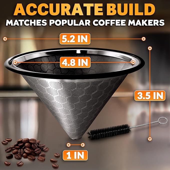 Pour Over Coffee Filter Reusable Stainless Steel - 800 Mesh Black Cone with Black Ring for Clean, Sediment-Free Brew, Compatible with Hario V60 & Chemex, Paperless Coffee Dripper with Cleaning Brush