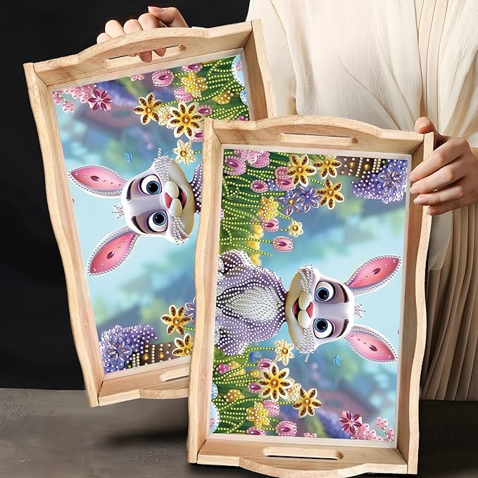 BAYUNOE DIY Diamond Serving Tray Rectangular Breakfast Tray with Handle Handmade Diamond Art Painting Wooden Tray Spring Creative Dinner Plate Coffee Room Living Home Organizer-Easter Bunny