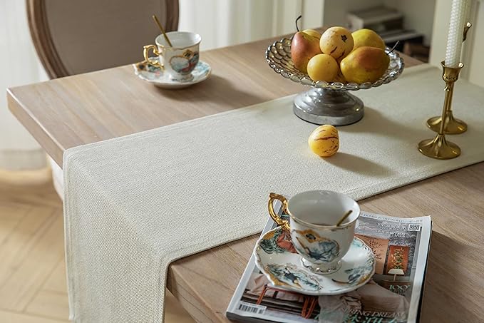 ZeeMart Burlap Style Farmhouse Table Runners 48 Inches Long, Cream Rustic Woven Dining Table Runner for Everyday Use, 14x48 Inches, Cream