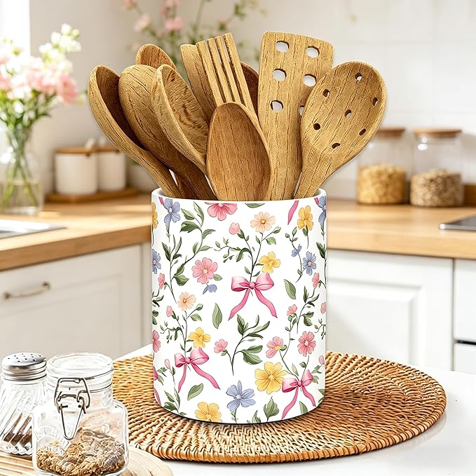 JarThenaAMCS Spring Floral Bow Ceramic Utensil Holder Pink Bow Flower Utensil Crock for Home Kitchen Countertop Storage Organizer Container