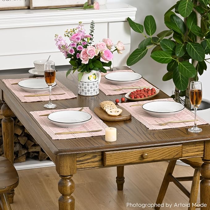 Artoid Mode Pink Farmhouse Woven Rustic Hollow Placemats Set of 6,12x18 Inch Seasonal Holiday Table Mats Party Kitchen Dining Decoration