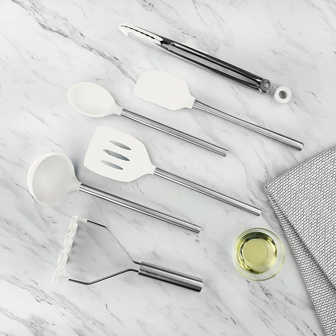 Tovolo Silicone Cooking Utensil Set of 6 Stainless Steel Handle Ladle Slotted Turner Tongs Flex Core Spatula Scraper Mixing Spoon & Potato Masher, Dishwasher Safe BPA Free Utensils, White