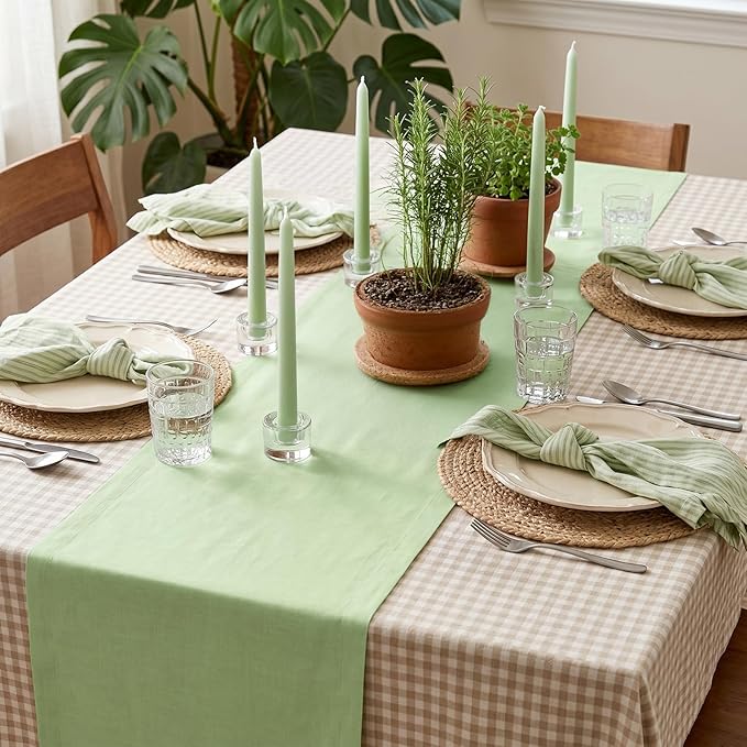 Solino Home Linen Pastel Green Table Runner 36 Inches - 100% Pure Linen Farmhouse Short Table Runner 14 x 36 Inch Ideal for Dresser and Coffee Tables, Spring, Summer - Fete