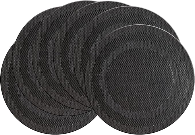 PIGCHCY Round Placemat Set of 6 Heat Resistant Vinyl Washable Kitchen 15 inch Placemats for Home Indoor Outdoor Party (Black)