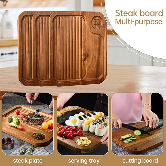 Acacia Wood Steak Plates,Carnivore Cutting Board for Eating, Carved Meat Wooden Plate, Food Serving Tray,Cheese Charcuterie Board with Deep Grooves & Hidden Handles