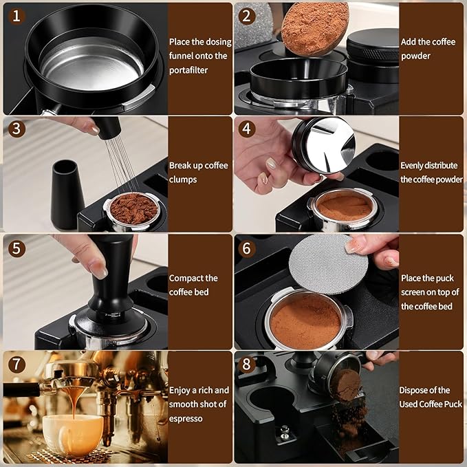 10PCS Espresso Accessories Kit - Espresso Knock Box and Tamping Station,Coffee Tamper,Distributor,WDT,Dosing Funnel,Puck Screen,Brush,Coffee Spoon,Latte Pen,16 Stencils Fits Breville 54mm Portafilter