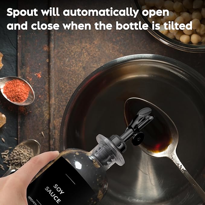 Spaceneat Oil Dispenser for Kitchen - Glass Olive Oil Bottle Set of 2 (11.8oz) with Black Weighted Self-Closing Pourer - Cooking Oil Dispenser with 66 Labels, Aligner & Funnel