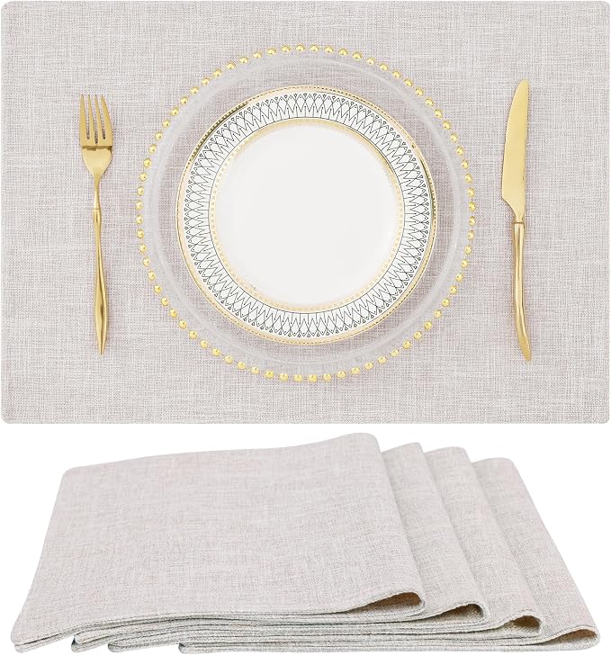 homing Faux Cotton Linen Placemats Set of 4, Cloth Washable Farmhouse Dining Table Mats for Indoors & Outdoors, Easy to Clean, Neutral Beige, 13 x 19 Inch