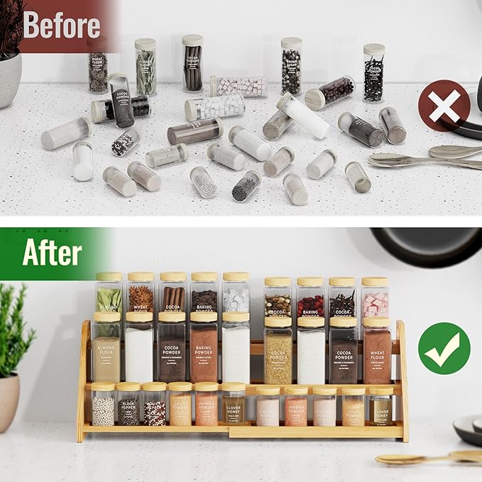 NiHome Cabinet & Countertop Expandable 3-Tier Bamboo Spice Rack for Spices, Jars, Office Supplies, Adjustable Length 12.6"-23.6" Multi-Purpose Natural Bamboo Organizer for Kitchen, Pantry, Bathroom