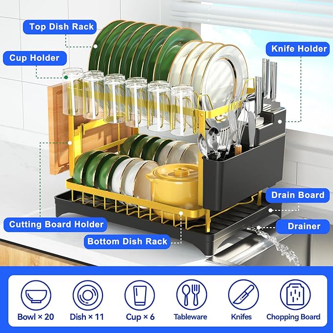Dish Drying Rack Gold, Multifunctional Dish Racks for Kitchen Counter with Drainboard 2 Tier Dish Drainer Large Capacity for Knifes/Cup/Cutting Board