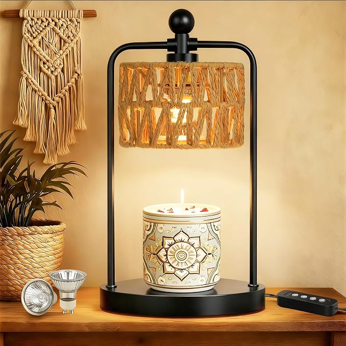 Candle Warmer Lamp with Timer Dimmer, Candle Warmer for Jar Candles Lights, Boho Candle Lamp Warmer with 2 Bulbs, Birthday Gifts for Women, House Warming Gifts New Home Decor, Black