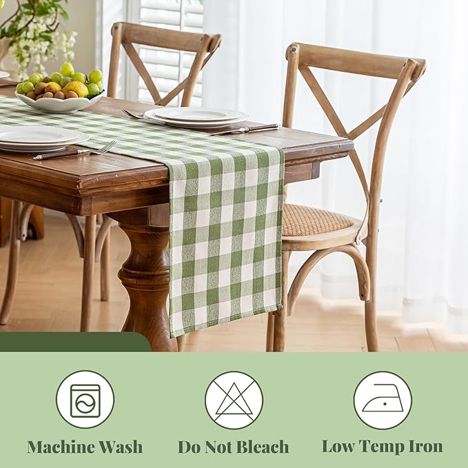 Alsoo Spring Green Gingham Table Runner 13 x 90 inches Long, Cotton Linen Farmhouse Checkered Kitchen Dining Table Decor for Home Party, Wrinkle Free