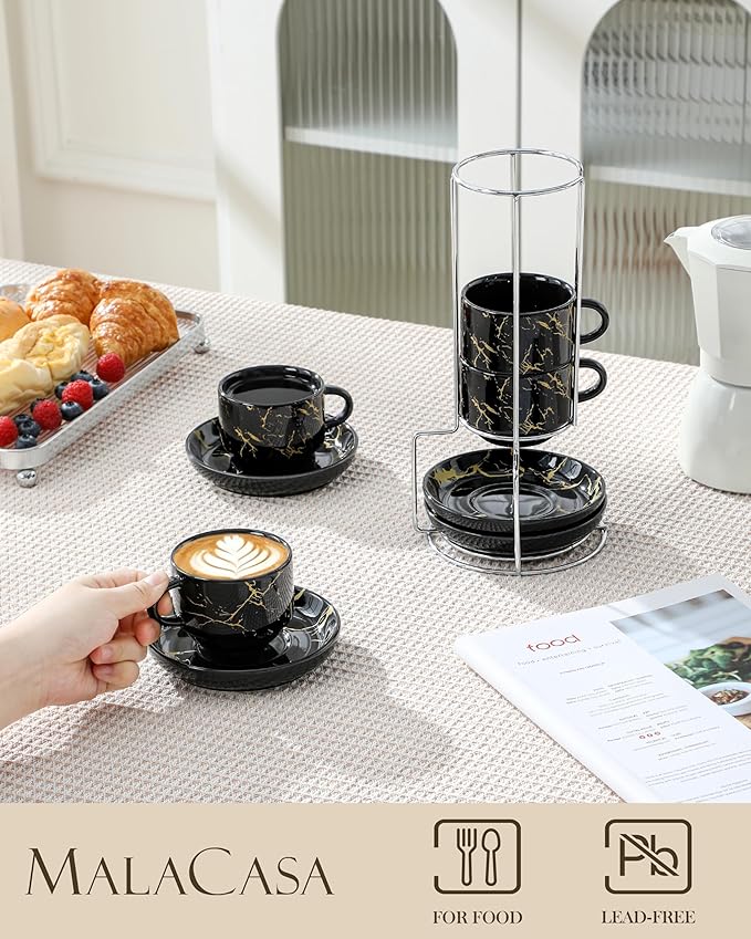 MALACASA 4 OZ Porcelain Espresso Cups with Saucers and Metal Stand Set of 4, Stackable Cappuccino Cups, Marble Black Expresso Shots Cup Set for Coffee Drinks, Latte, Tea