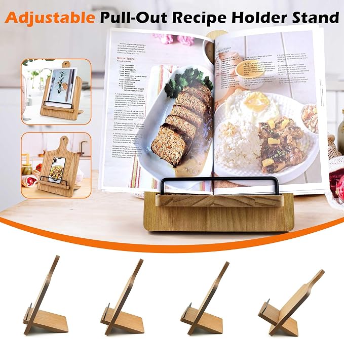 Cookbook Stand Recipe Book Holder: Cookbook Stand for Kitchen Counter, Adjustable iPad Tablet Recipe Book Holder, Rustic Wood Cutting Board Style, Gift for Women