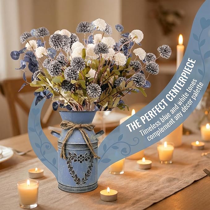16.5''H Fake Flowers in Vase for Centerpiece Table Decorations with 10Pcs Fake Mums Flowers Eucalyptus Stems Faux Pompon Kiku Flowers Arrangement for Home Farmhouse Decor (Blue and White)