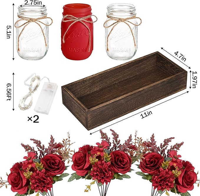 BLEUM CADE Mason Jar Centerpiece Table Decorations, Mason Jar Lights Centerpiece for Kitchen Dining Table Farmhouse Coffee Table Wedding Home Decor with 3 Jars Artificial Flowers & Wood Tray